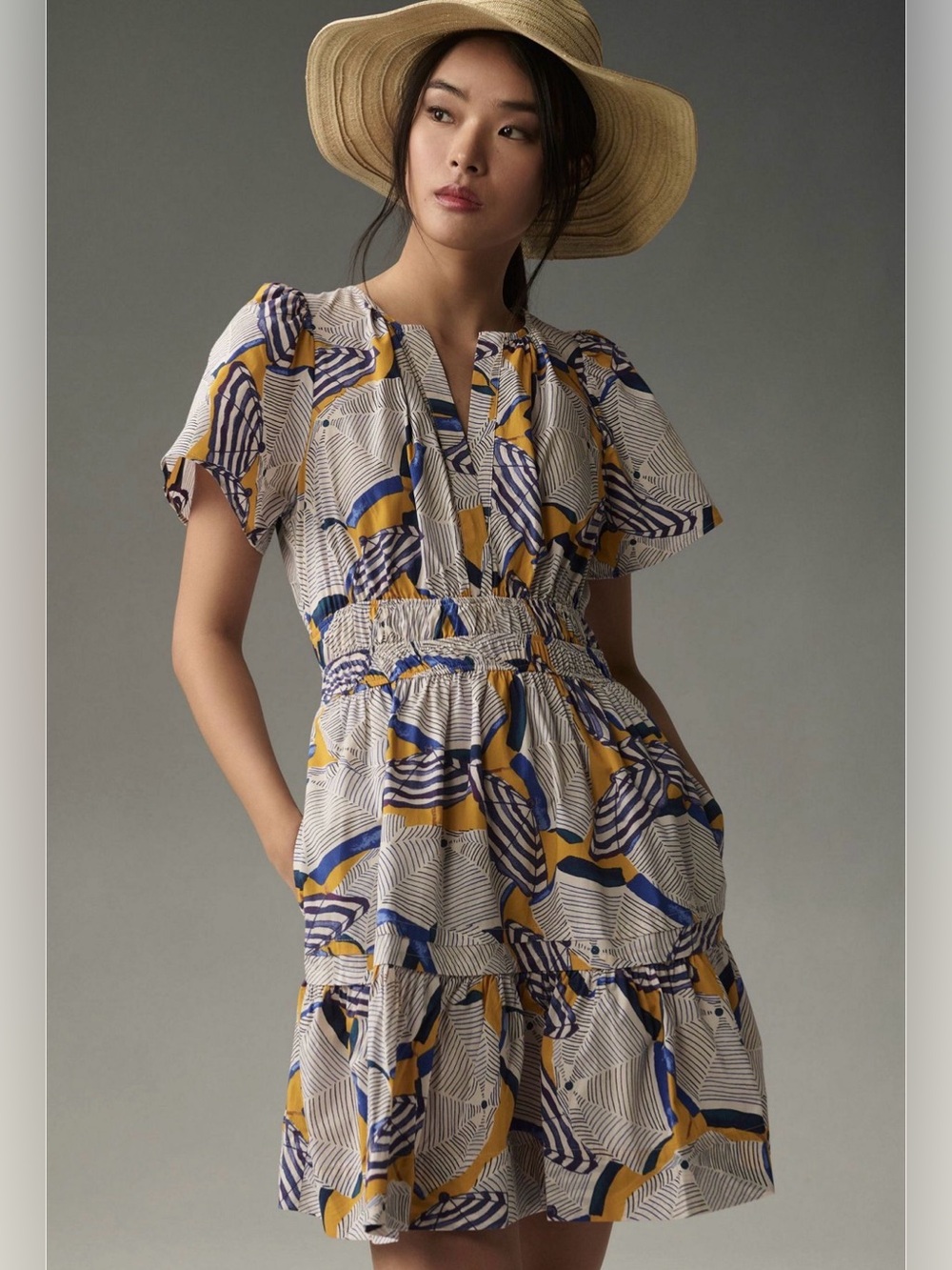 Anthropologie Somerset printed Tiered V-Neck Dress in White blue yellow